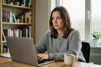 Femme en télétravail regardant ailleurs depuis son bureau à domicile, illustrant une situation d'absence ou de distraction professionnelle
