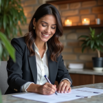 Femme souriante en blazer traitant des documents dans un spa