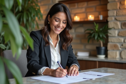 Femme souriante en blazer traitant des documents dans un spa