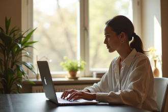 Jeune femme professionnelle travaillant sur un ordinateur portable dans un bureau lumineux