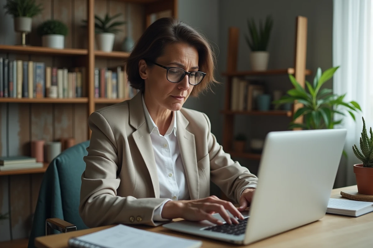 Femme regardant ses comptes en ligne sur son ordinateur portable