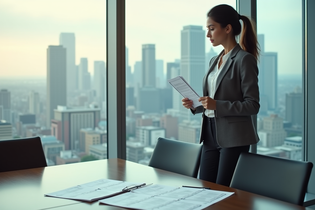 Jeune femme vérifiant des listes de conformité avec vue urbaine
