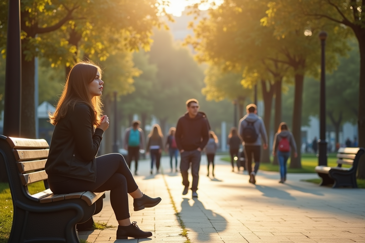 Jeune femme isolée sur un banc dans un parc urbain