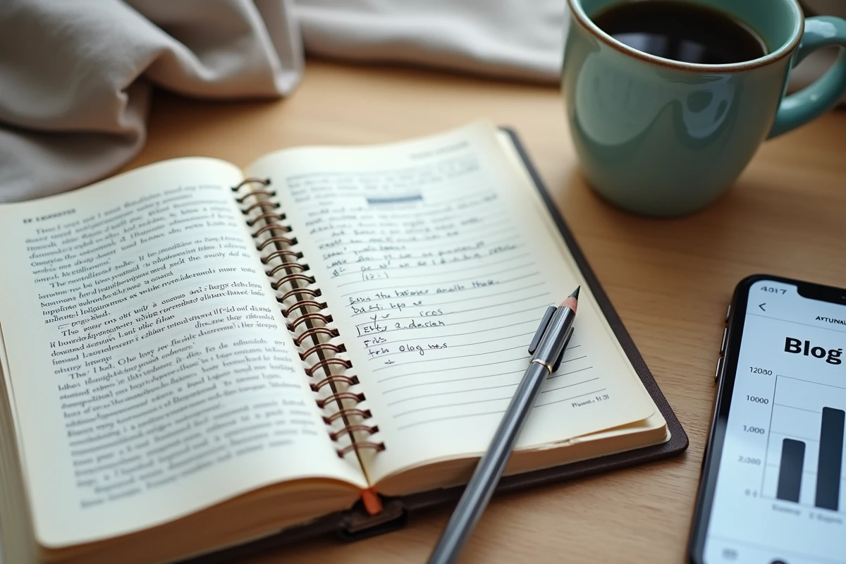 Flat lay de livres annotés et d'un carnet d'idées d'articles pour transformer ses lectures en revenus de freelance