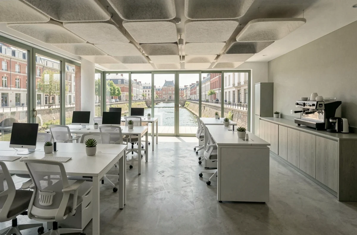 Espace de travail en flex office vide dans un coworking toulousain avec vue sur le Canal du Midi