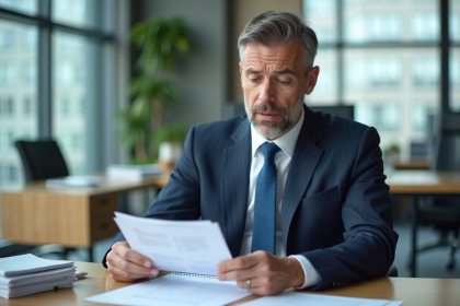 Homme fonctionnaire en bureau moderne lisant un rapport