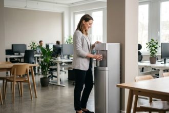 Femme en bureau moderne remplissant un verre à une fontaine à eau professionnelle autoportante