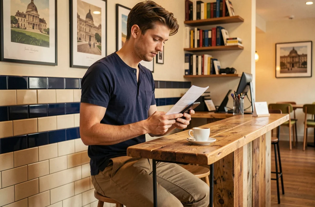 Freelance masculin installé au comptoir d'accueil d'un espace de coworking à Toulouse avec une tasse d'expresso