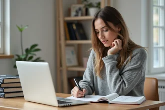Freelance femme prenant des notes depuis ses lectures pour développer son activité en ligne sur un blog