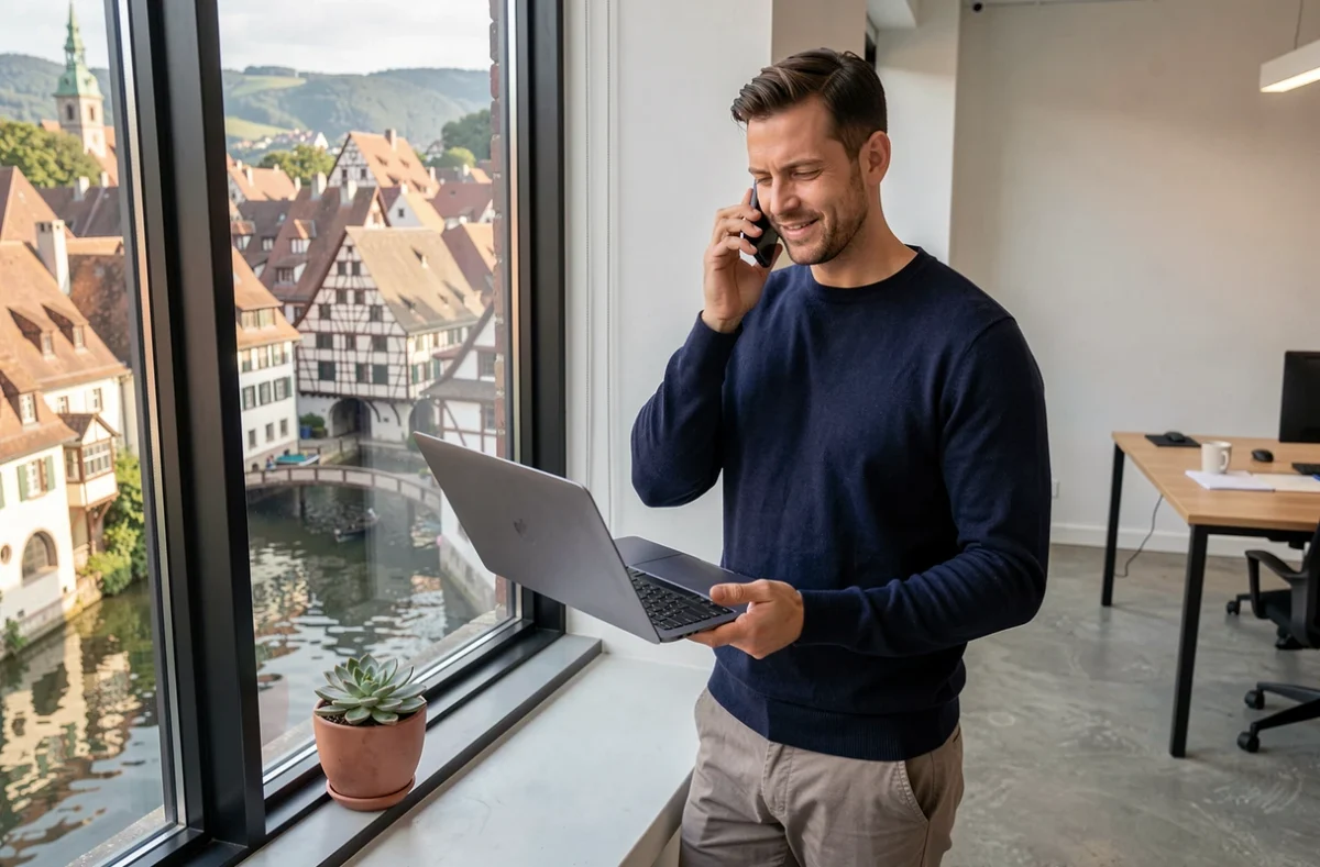 Freelance en portage salarial travaillant depuis un bureau avec vue sur les toits de Colmar