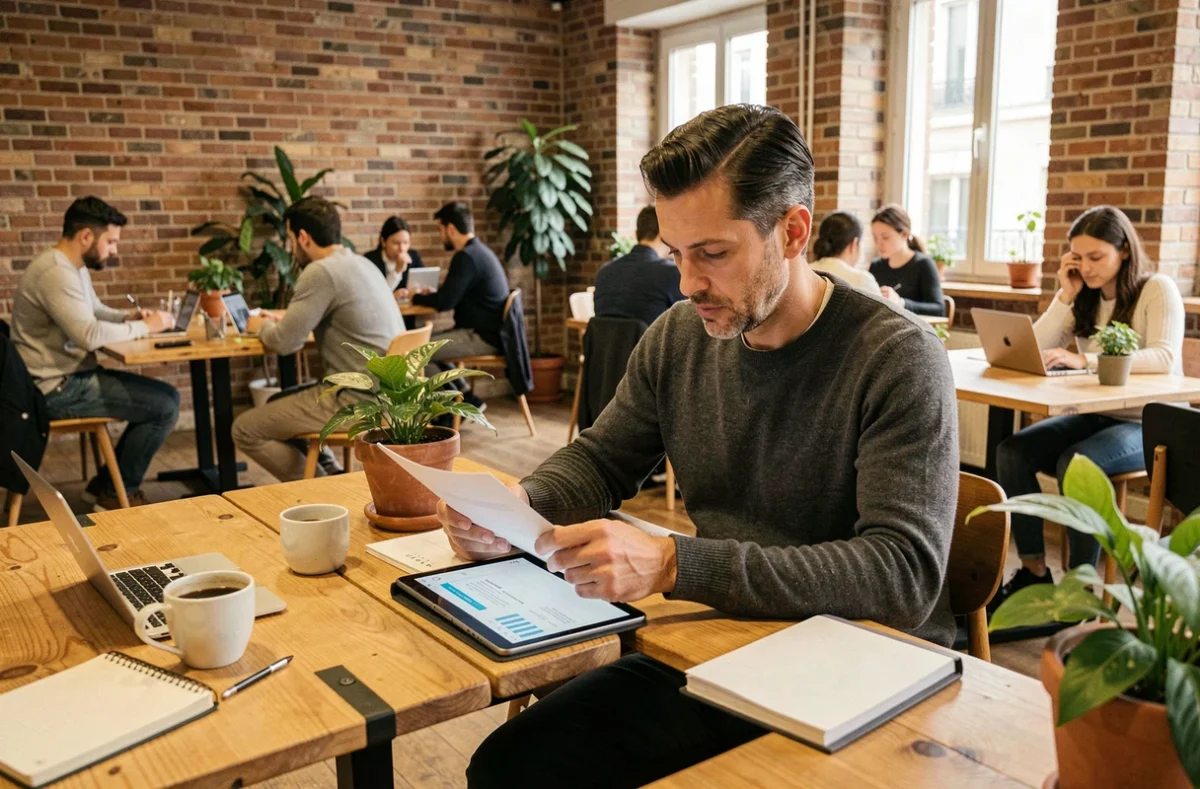 Freelance consultant en portage salarial travaillant sur une tablette dans un espace de coworking parisien