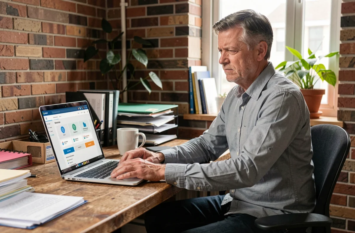 Chef d'entreprise indépendant consultant son tableau de bord d'assurance responsabilité civile professionnelle sur ordinateur dans son bureau