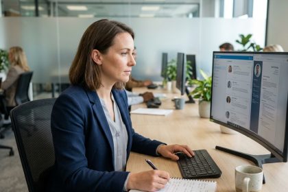 Responsable RH gérant des candidatures sur un écran d'ordinateur dans un bureau moderne en open space