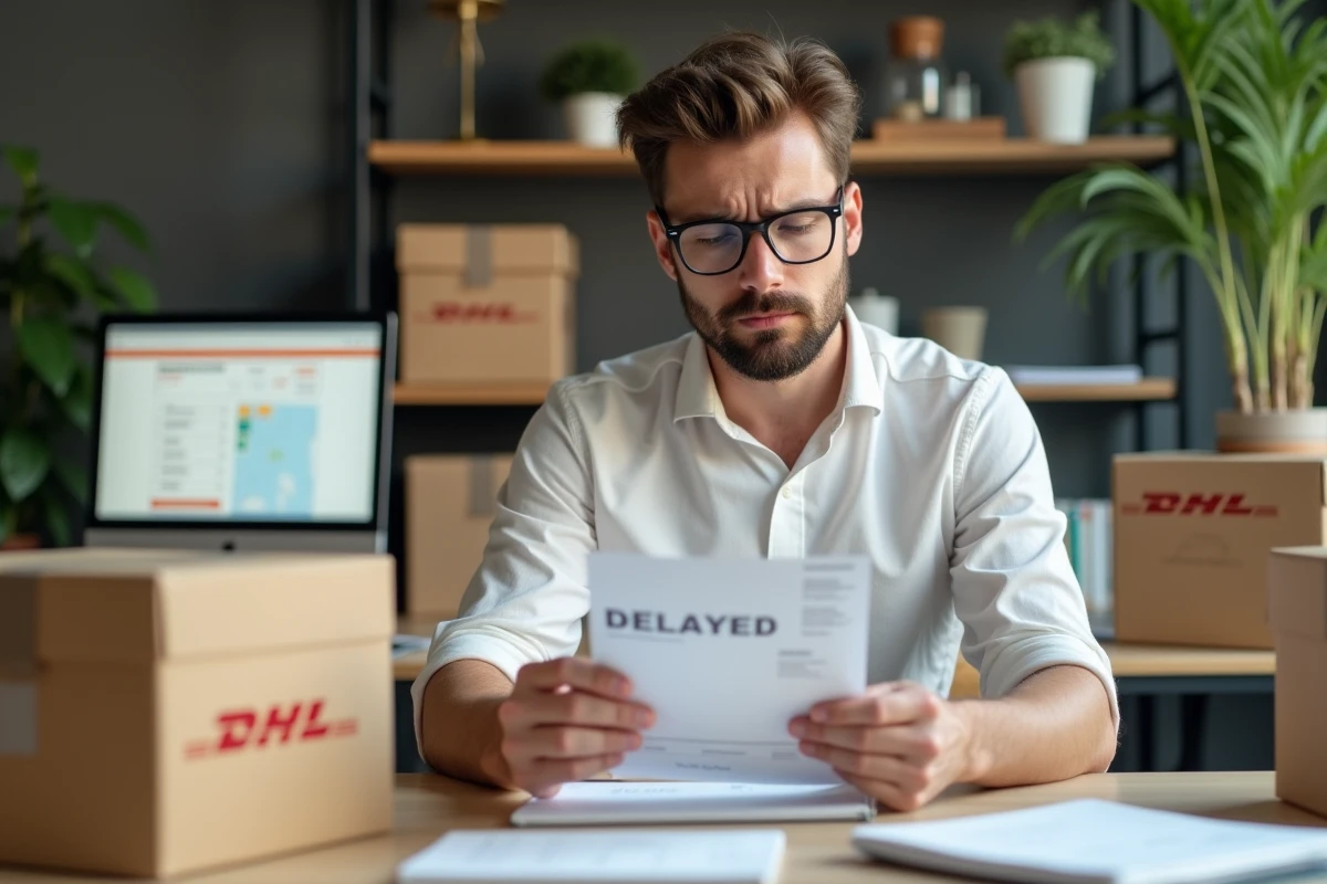 Jeune homme e-commerce inquiet vérifiant étiquettes d'expédition