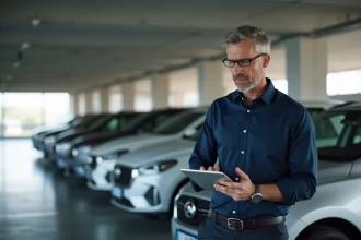 Responsable de flotte automobile en entreprise analysant le renouvellement des véhicules de société dans un parking d'entreprise