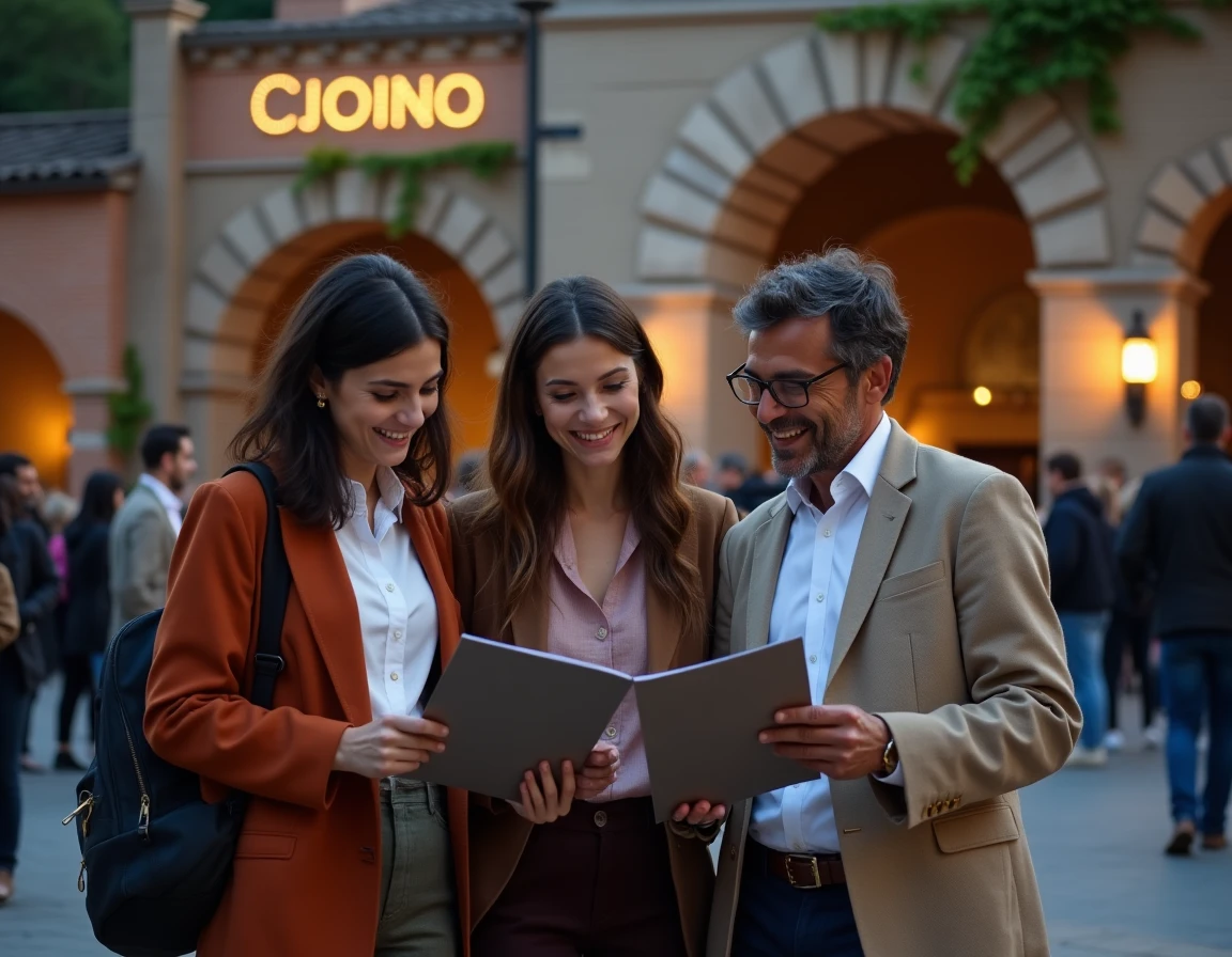 Groupe de personnes consultant un programme lors d'un événement culturel en plein air au crépuscule