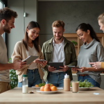 Groupe de jeunes adultes discutant autour d'une table écologique