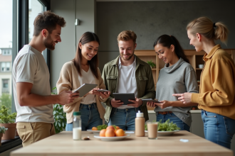 Groupe de jeunes adultes discutant autour d'une table écologique