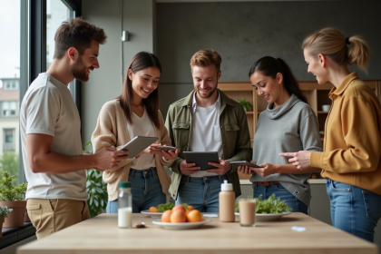 Groupe de jeunes adultes discutant autour d'une table écologique