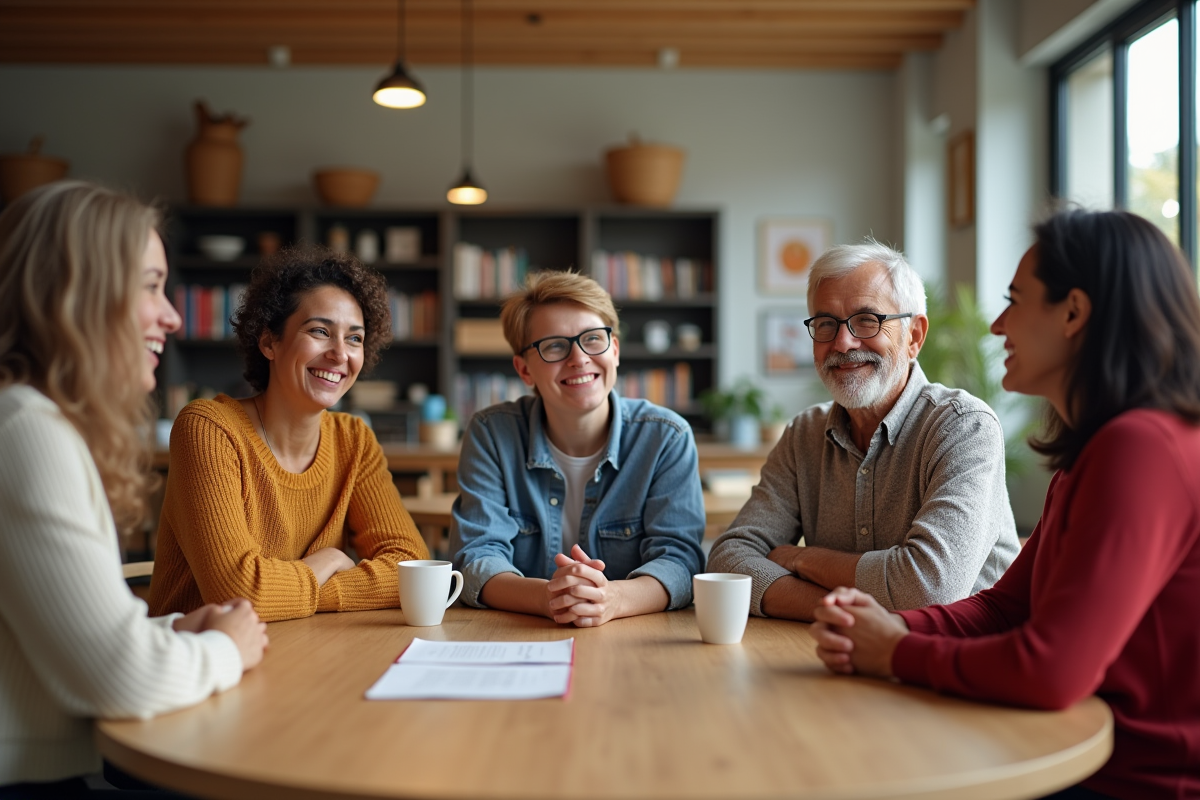 Groupe divers d'adultes en atelier communautaire chaleureusement