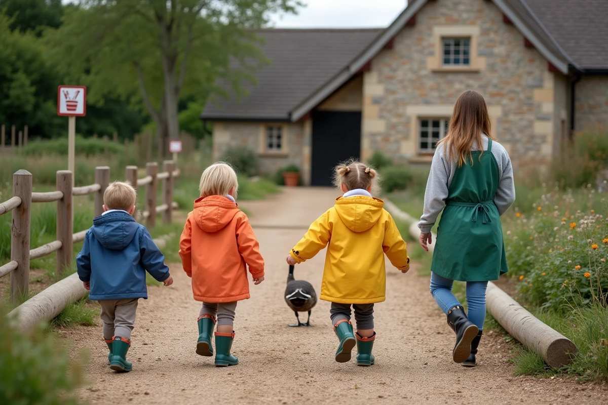Groupe de tout-petits accompagnés d'une animatrice observant des canards dans la cour d'une ferme pédagogique aménagée pour les jeunes enfants