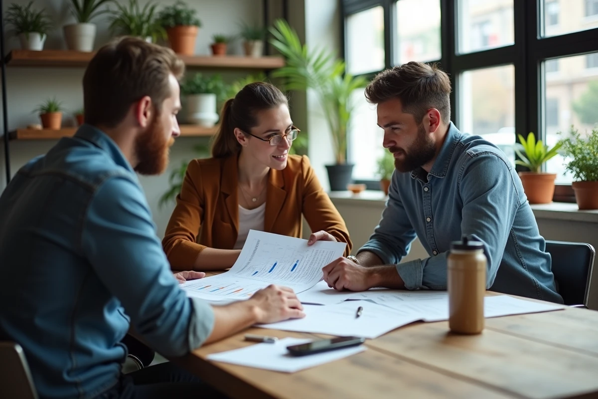 Groupe d'entrepreneurs en réunion de travail autour d'un plan d'affaires à impact social dans un bureau moderne et durable