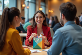 Jeunes adultes découvrant un sac de goodies lors d'un événement
