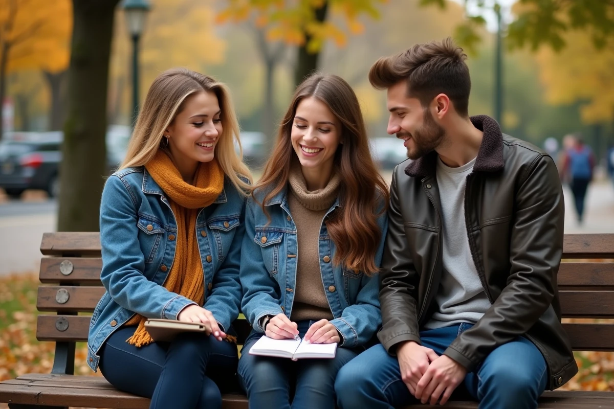 Trois jeunes adultes réunis sur un banc dans un parc en automne, échangeant des idées dans un cadre détendu, symbolisant la prise de parole et l'expression au sein d'un groupe informel