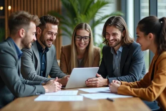 Groupe de jeunes professionnels en coworking souriants