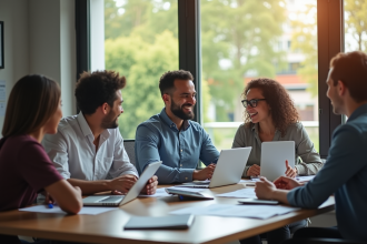Groupe de professionnels analysant des données marketing en réunion
