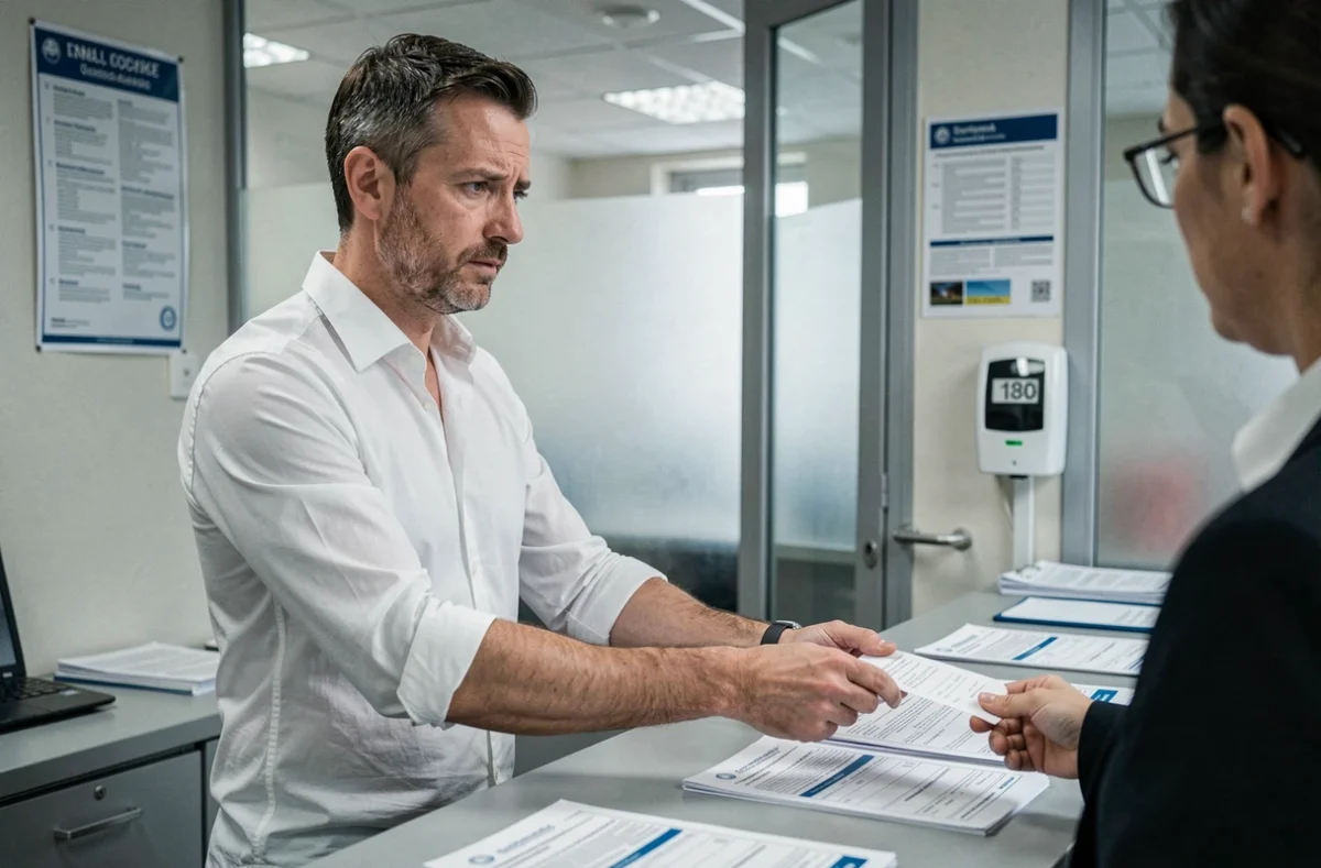 Homme déposant des documents administratifs à un guichet Urssaf pour vérifier les cotisations de son employeur