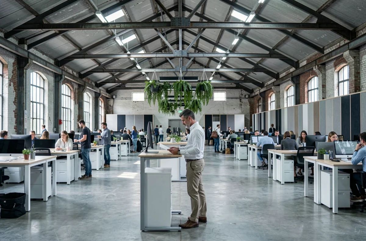 Homme debout à son bureau dans Héméra La Halle, un vaste espace de coworking aménagé dans une ancienne halle industrielle aux hauts plafonds en acier