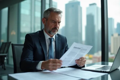 Homme d'affaires examinant des documents financiers dans un bureau moderne