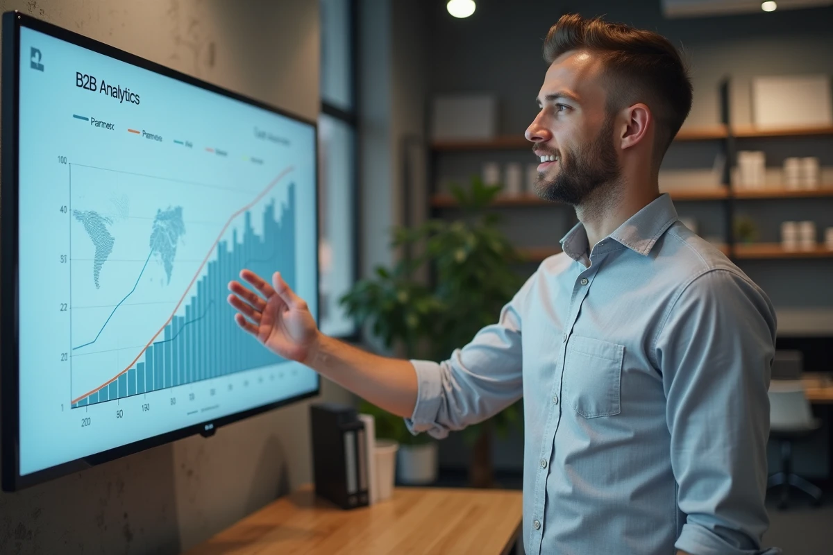 Homme d'affaires présentant des graphiques de croissance B2B sur écran mural dans un bureau de startup minimaliste