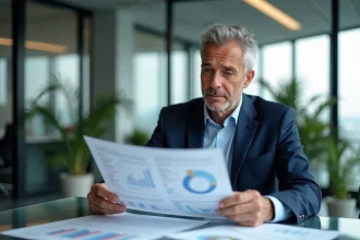 Homme d'affaires en costume bleu analysant un tableau KPI