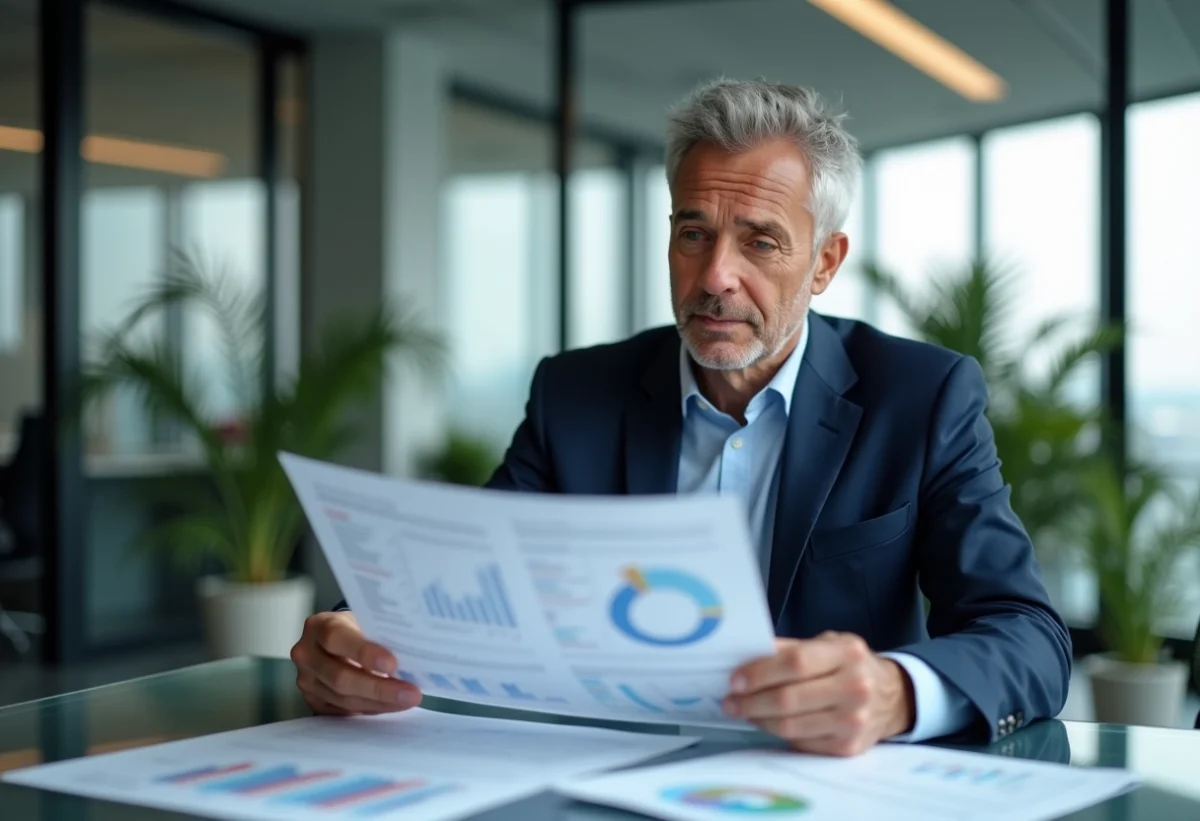 Homme d'affaires en costume bleu analysant un tableau KPI