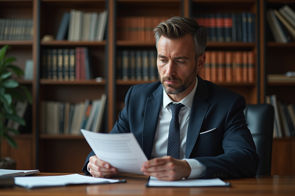 Homme d'affaires en costume lisant un document dans un bureau professionnel