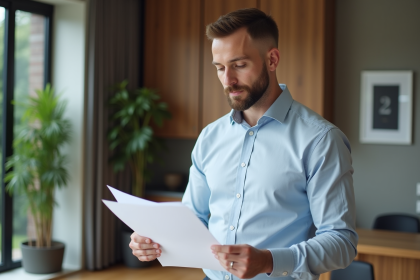 Homme d'affaires en bureau moderne examine des documents immobiliers