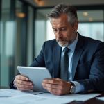 Homme d'affaires en costume bleu regardant une tablette