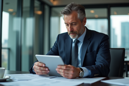 Homme d'affaires en costume bleu regardant une tablette