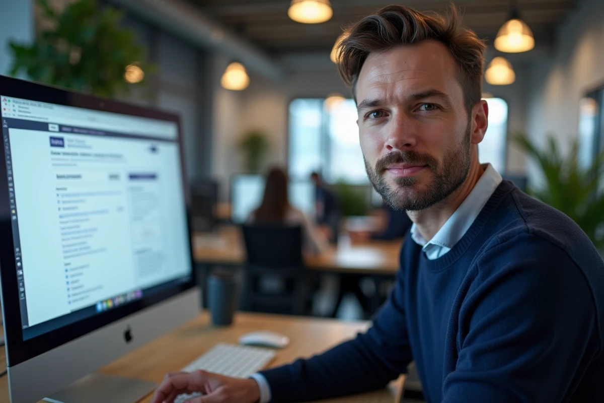 Homme consultant le répertoire Sirene sur un ordinateur de bureau dans un espace de travail professionnel pour ses démarches administratives CAF