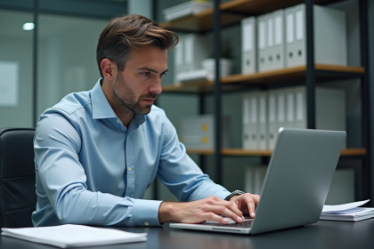 Homme d'affaires concentré sur logiciel de conformité au bureau