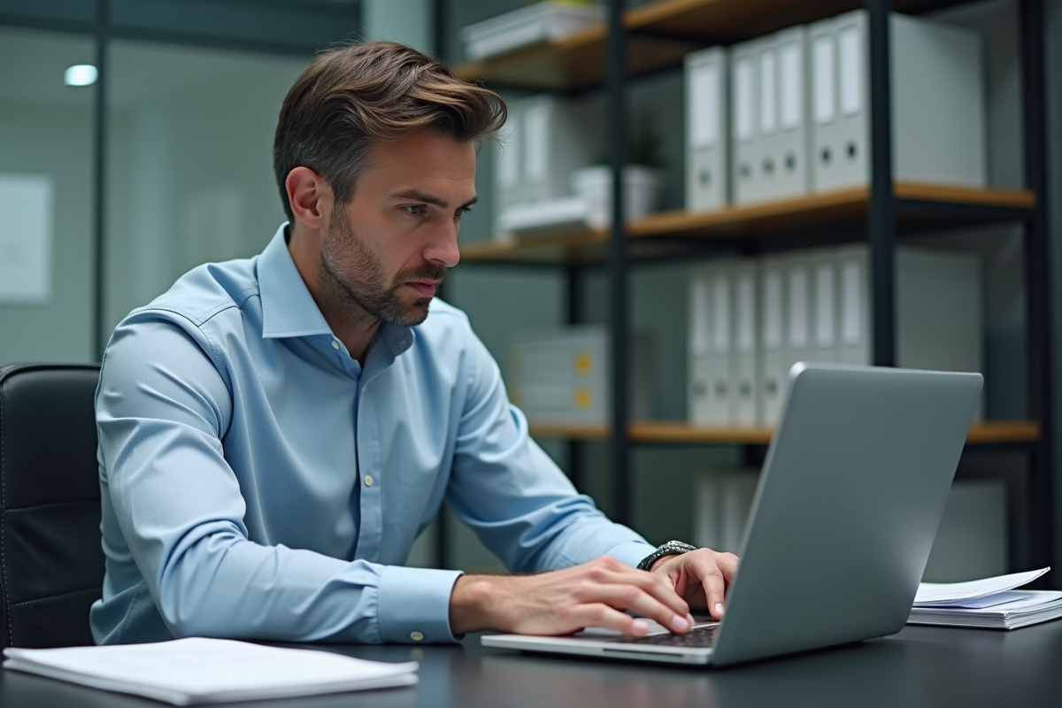 Homme d'affaires concentré sur logiciel de conformité au bureau