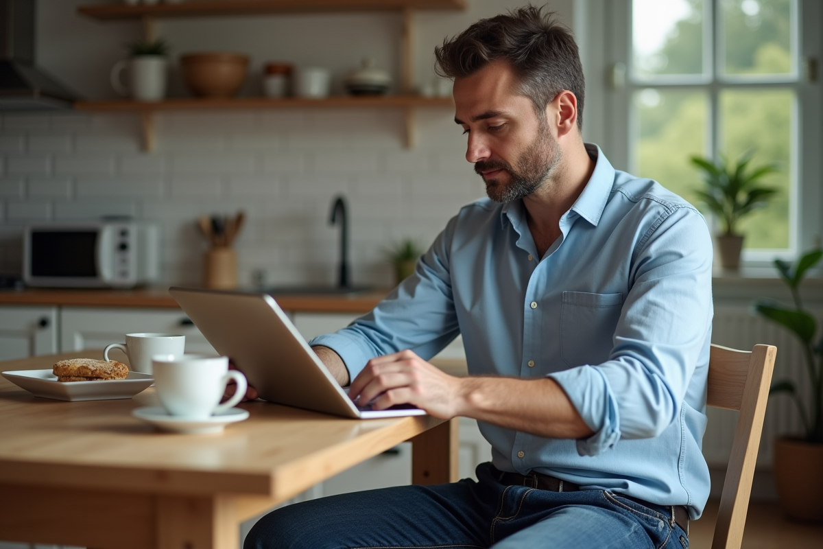Homme à la maison créant une newsletter sur une tablette