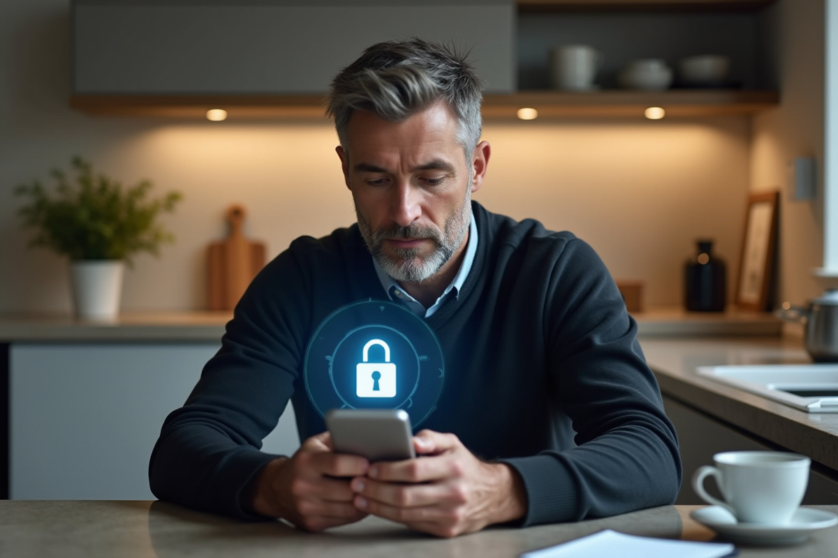 Homme d age moyen regarde son smartphone avec cadenas