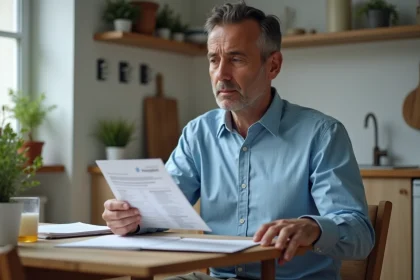 Homme d'âge moyen regardant un document Pôle emploi