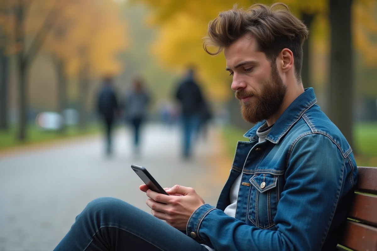 Homme avec barbe utilisant son smartphone dans un parc