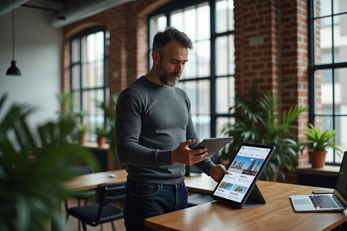Homme professionnel tenant une tablette avec une interface de campagne publicitaire digitale dans un espace de coworking moderne