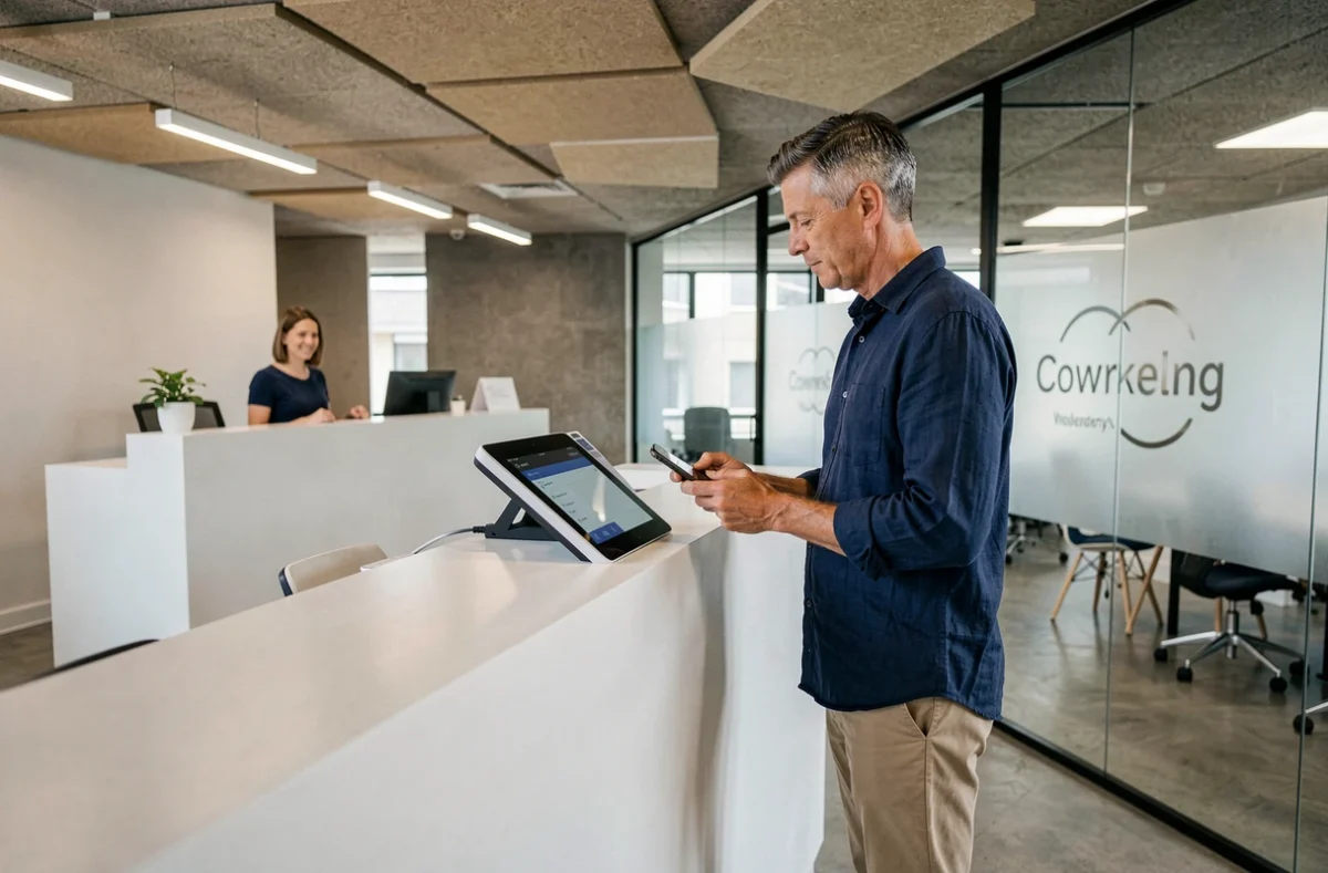 Homme effectuant la réservation d'un bureau en coworking à La Garde via une borne numérique à l'accueil