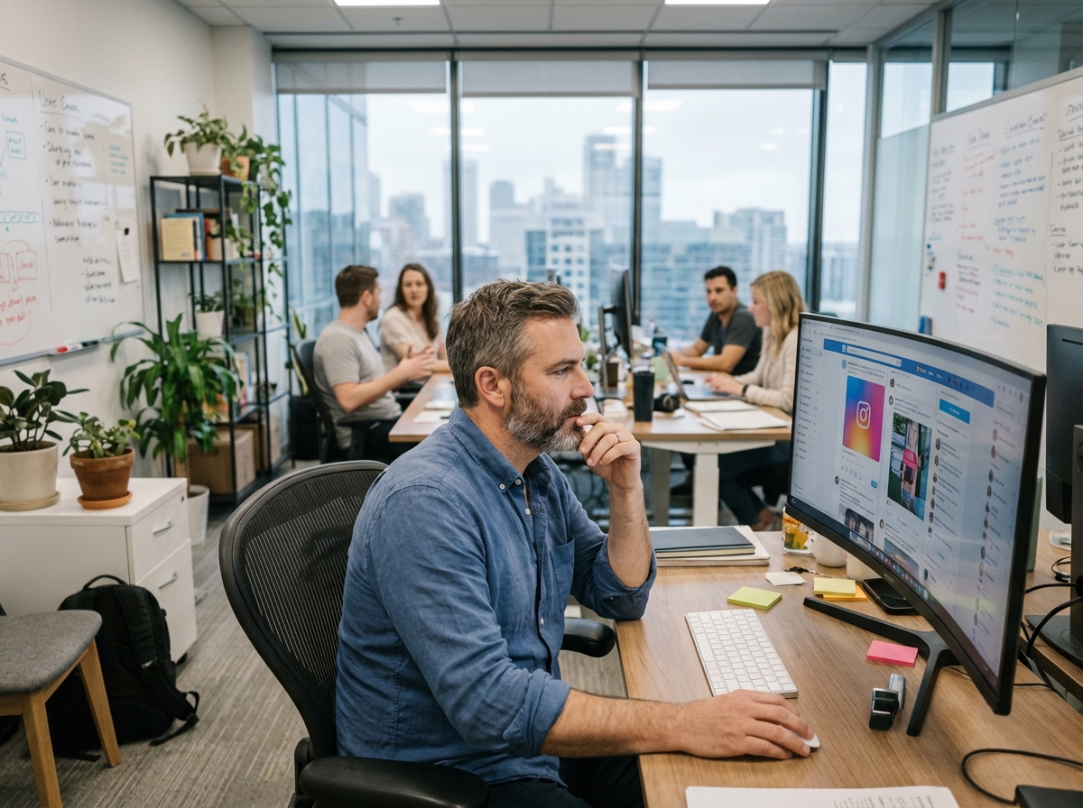 Homme surveillant des flux sociaux sur un grand écran en open space